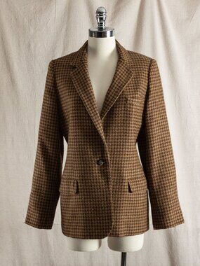 VTG 90s Ralph Lauren Alpaca Wool Houndstooth Blazer Jacket Brown 14 Colombia